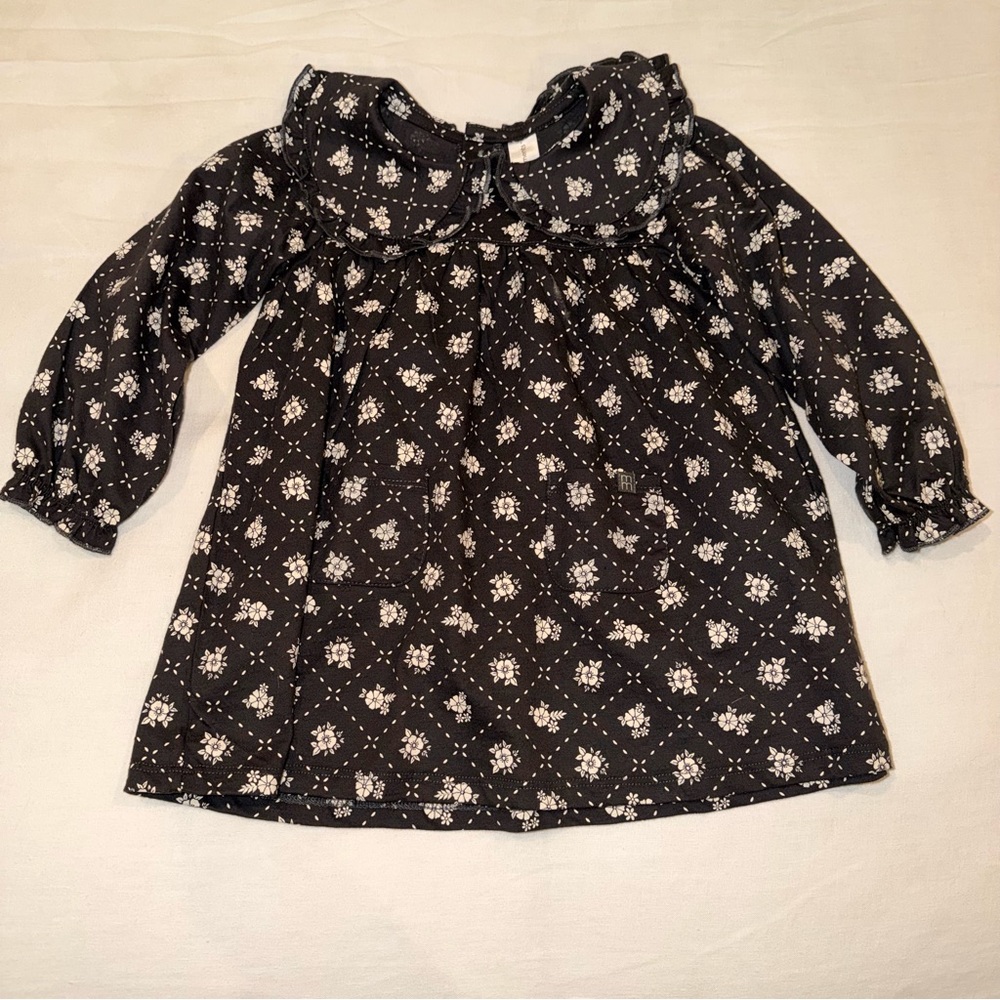 Dark Gray - Floral Long Sleeve Dress